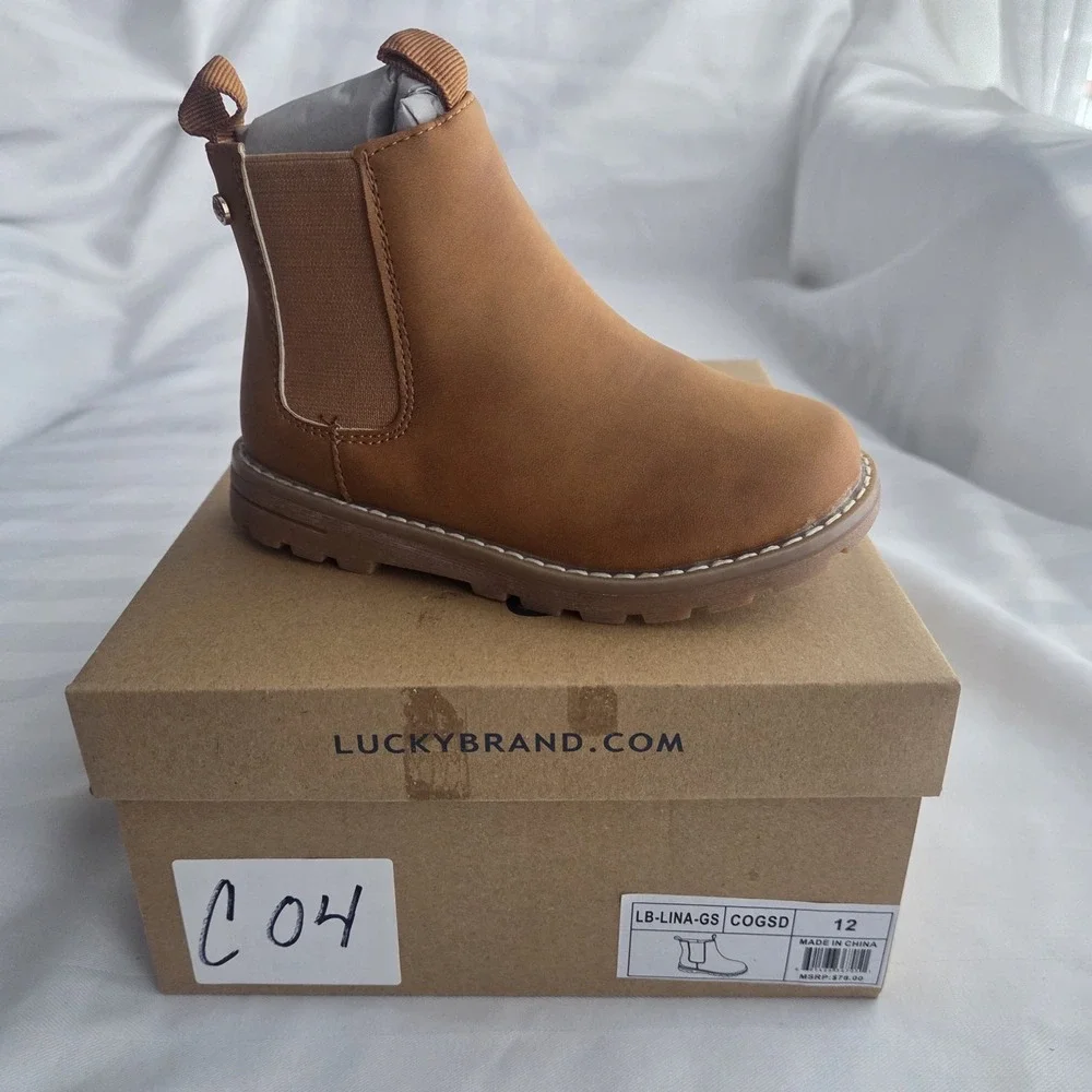 Lucky Brand Kids Basel Chelsea Ankle Boots Tan Brown Side Zip Lug Sole Size 12